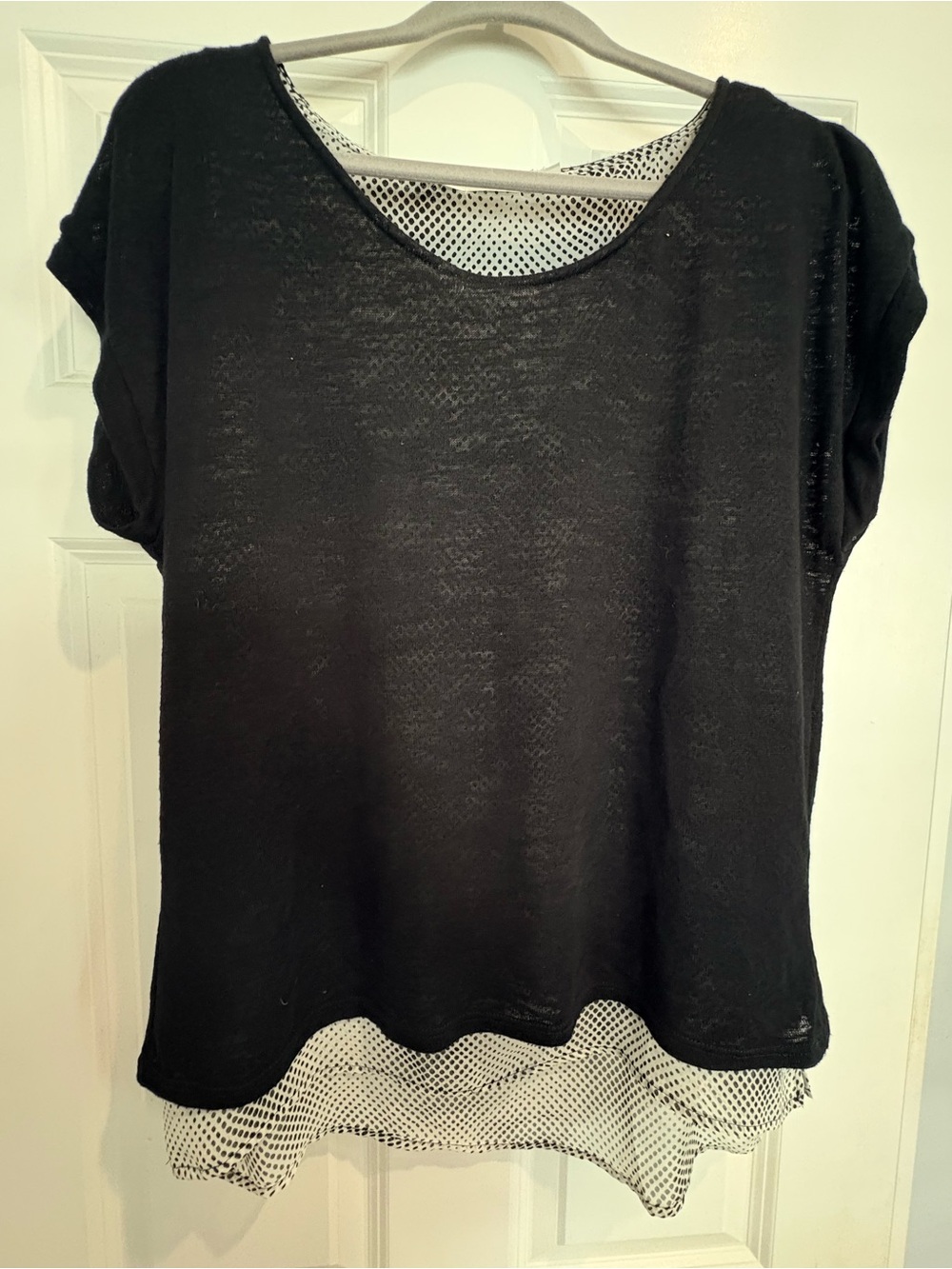 Gibson Layered Top – Black Knit with Polka Dot Chiffon Hem – Casual Tee - Medium
